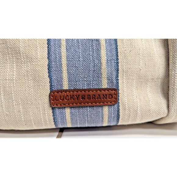 Lucky Brand Cora Fabric Tote Cream Blue Stripes Bohemian Tassel Leather Handles - Picture 5 of 10